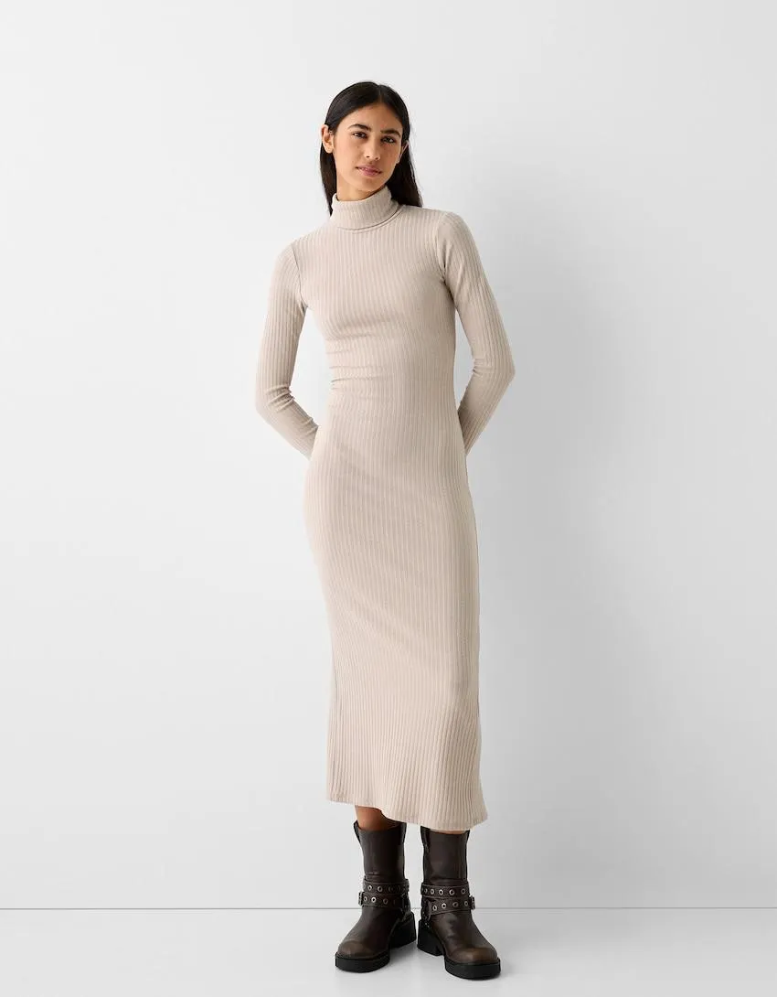 Ribbed knit high neck dress with long sleeves
