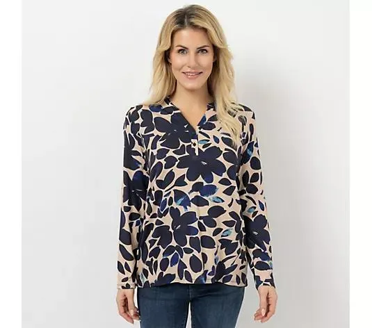 Wählen Sie Ihre Variante: DENIM & CO. Jerseybluse, 1/1-Arm Serafinoausschnitt Knopfleiste figurumspielend