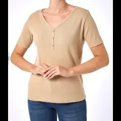 Geripptes T-Shirt Janina, Zierknopfleiste