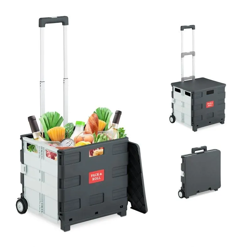 Relaxdays Einkaufstrolley, klappbar, Einkaufskorb mit Rollen, Deckel & Teleskopgriff, bis 35 kg, Rollkiste, weiß/grau