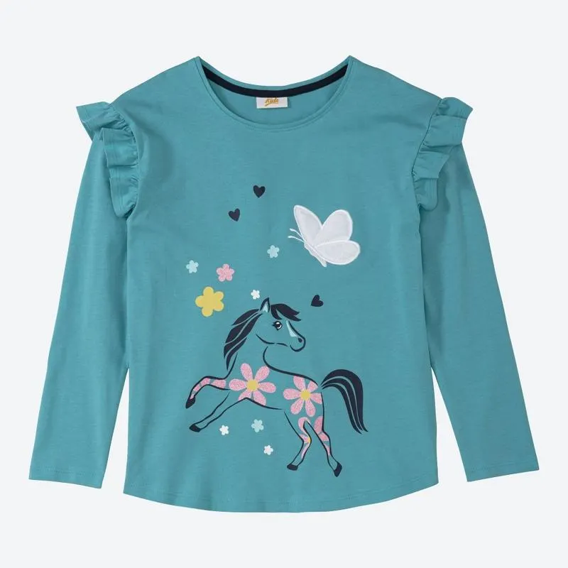 Kinder-Mädchen-Langarmshirt mit Pferde-Aufdruck