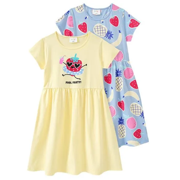 2 Mädchen Kleider mit bunten Motiven