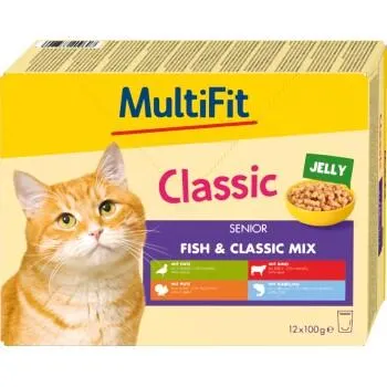 MultiFit Nassfutter Katze Senior, Fish & Classic Mix - Classic, in Gelee, Multipack 12x100 g