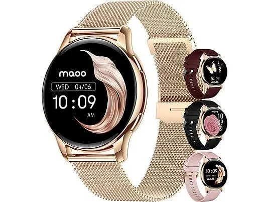 MAOO Ventura Smartwatch Damen AMOLED Always-On Telefonieren Nachrichten Edelstahlarmband + 3 Silikonarmbänder, 20 mm, Rosa; Gold; Rotgold
