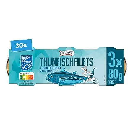 Dreimaster Thunfischfilet in eigenem Saft 3 x 56 g Abtropfgewicht, 30er Pack