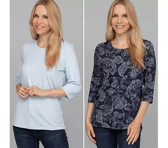 DENIM & CO. 2 Shirts 3/4-Arm Rundhalsausschnitt uni und bedruckt