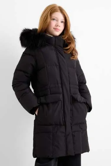 Down jacket with hood and faux fur trim