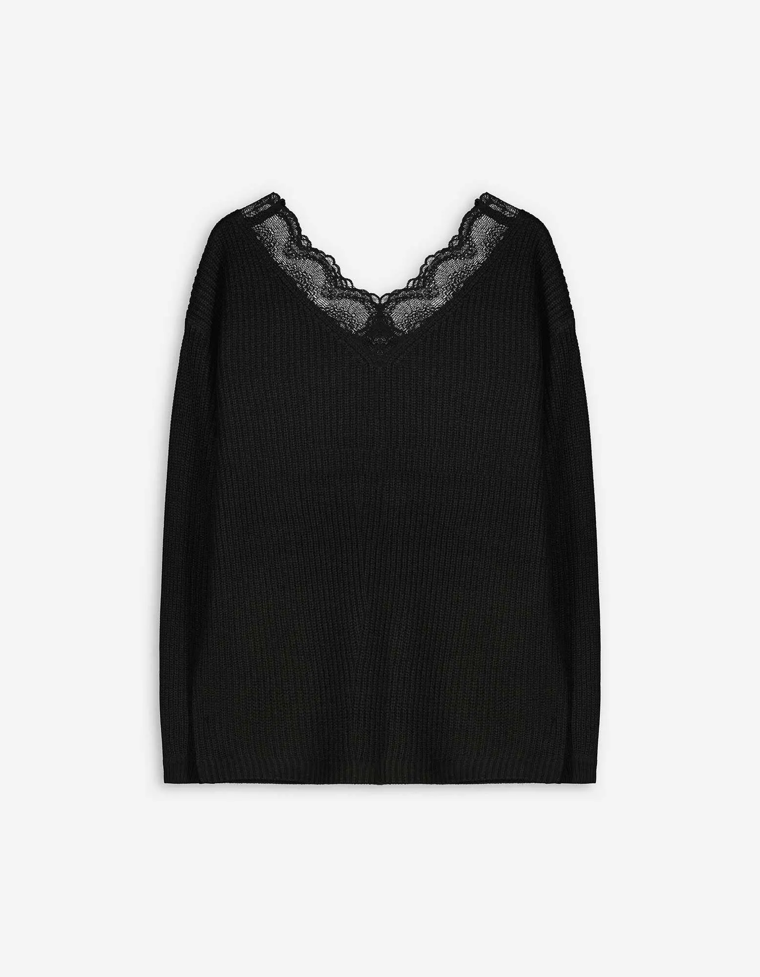 Pullover - Spitzenbesatz - schwarz