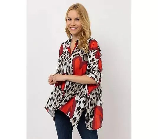 DINE 'N' DANCE Bluse, 3/4-Arm Kragen Allover-Druck oversize