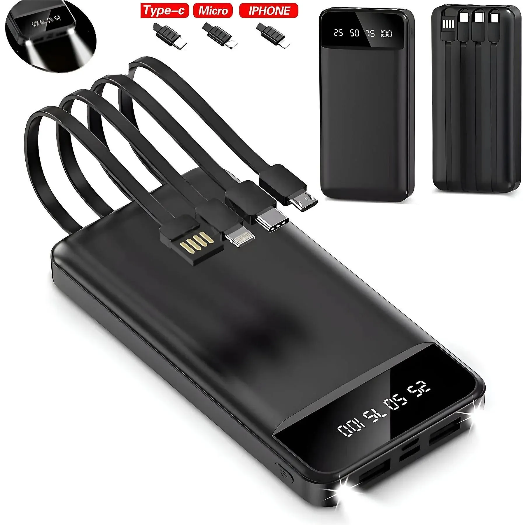 UWOT 20000 mAh mit 4 integrierten Kabeln Powerbanks 20000 mAh Schwarz