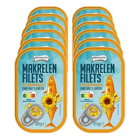 Dreimaster Makrelenfilet in Sonnenblumenöl 125 g, 12er Pack