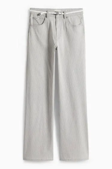 Wide leg jeans with belt - mid-rise waist - striped