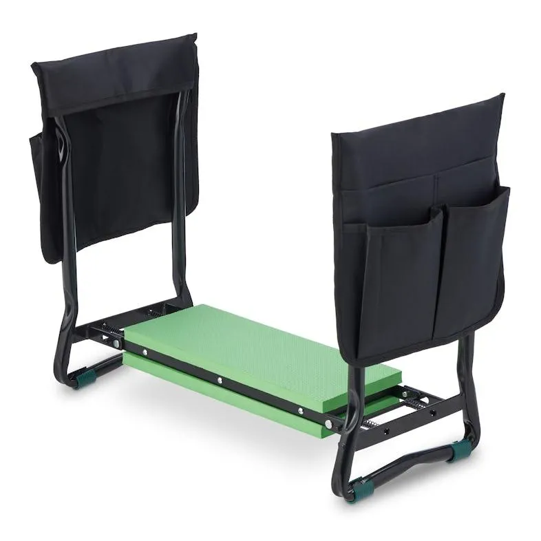 Relaxdays Kniebank für Gartenarbeit, klappbar, gepolstert, gelenkschonende Kniehilfe, Taschen, bis 150kg, schwarz/grün
