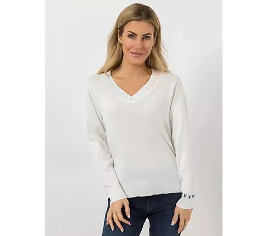 DINE 'N' DANCE Pullover, 1/1-Arm V-Ausschnitt Stick-Details figurumspielend