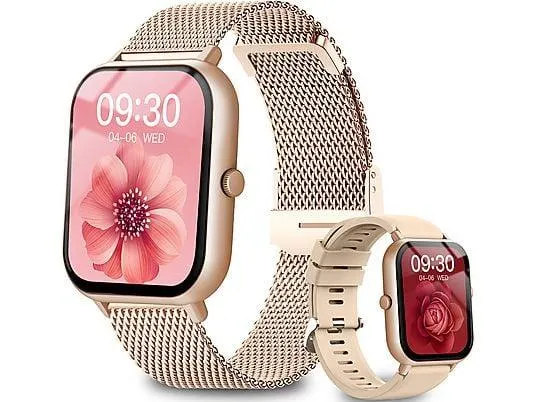 RAYOFI ZL54J 1,85'' Smartwatch, Fitness uhr Damen Herren Smartwatch Silikon, 22 mm, Schwarz/Gold/Silver