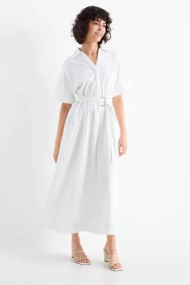 Shirt dress with belt - broderie anglaise
