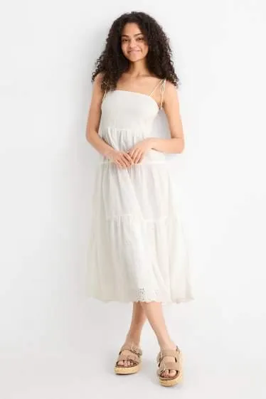 A-line dress - broderie anglaise - smocked