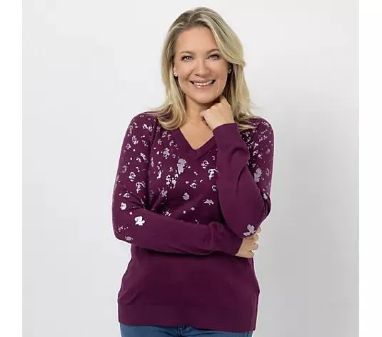 CASHMASOFT Pullover V-Ausschnitt Cashmeregriff Folien-Druck