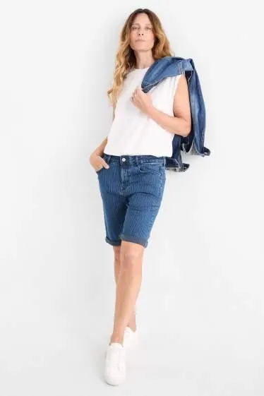 Denim Bermuda shorts - mid-rise waist - LYCRA® - pinstripes