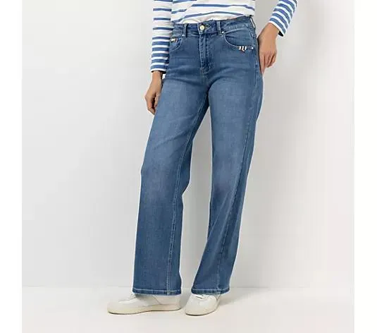 STRANDFEIN Jeanshose lange Form Logo Badge weites Bein