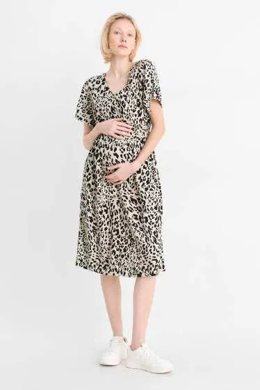 V-neck viscose maternity dress - leopard print