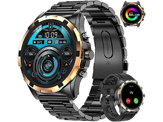 SYTIFRO DE-HK98 Smartwatch Silikon/Metall, Sportuhr mit 1.43’’ AMOLED Farbdisplay, Fitnessuhr mit Herzfrequenz/Schrittzähler/Schlafmonitor, Smart Watch mit 120+ Sportmodi, IP68 Wasserdicht Sportuhr für Android iOS