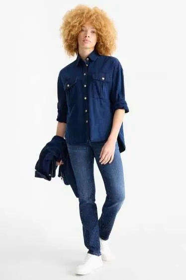 Straight jeans with rhinestones - mid-rise waist