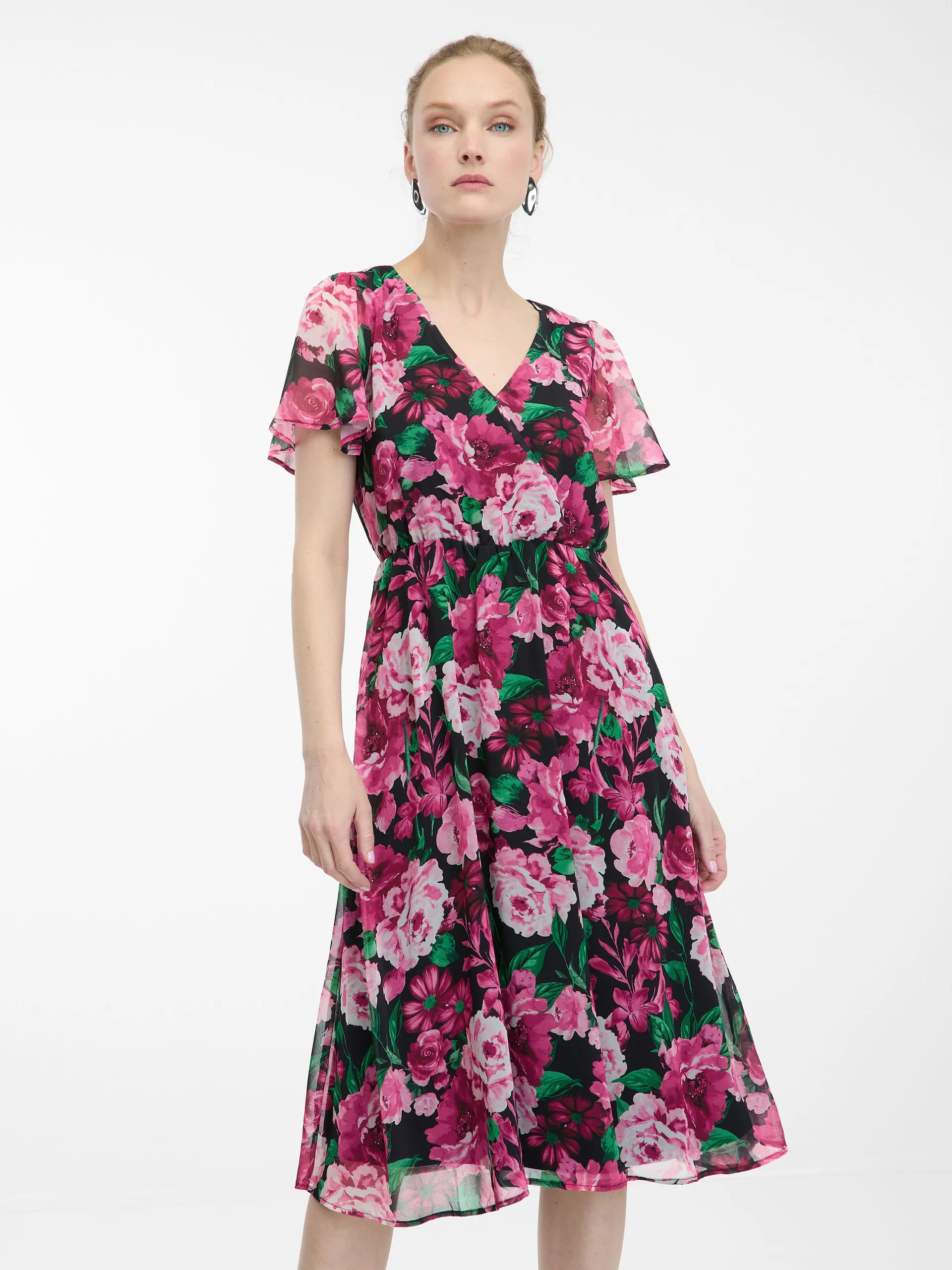 Schwarzes und rosa geblümtes Damenkleid ORSAY