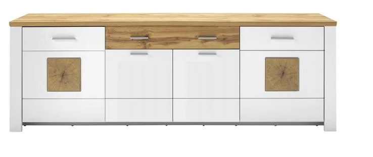 TV-Lowboard MATERA 220x74 cm Weiß supermatt / Eiche-Dekor