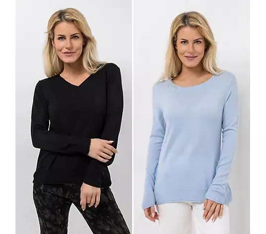 CASHMASOFT 2er Set Pullover Cashmeregriff Rund- & V-Ausschnitt abgesetzte Bündchen