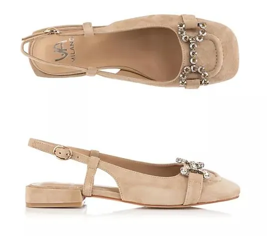 VIA MILANO Damen-Pump offen echt Leder Strass-Schnalle Absatz ca. 2 cm