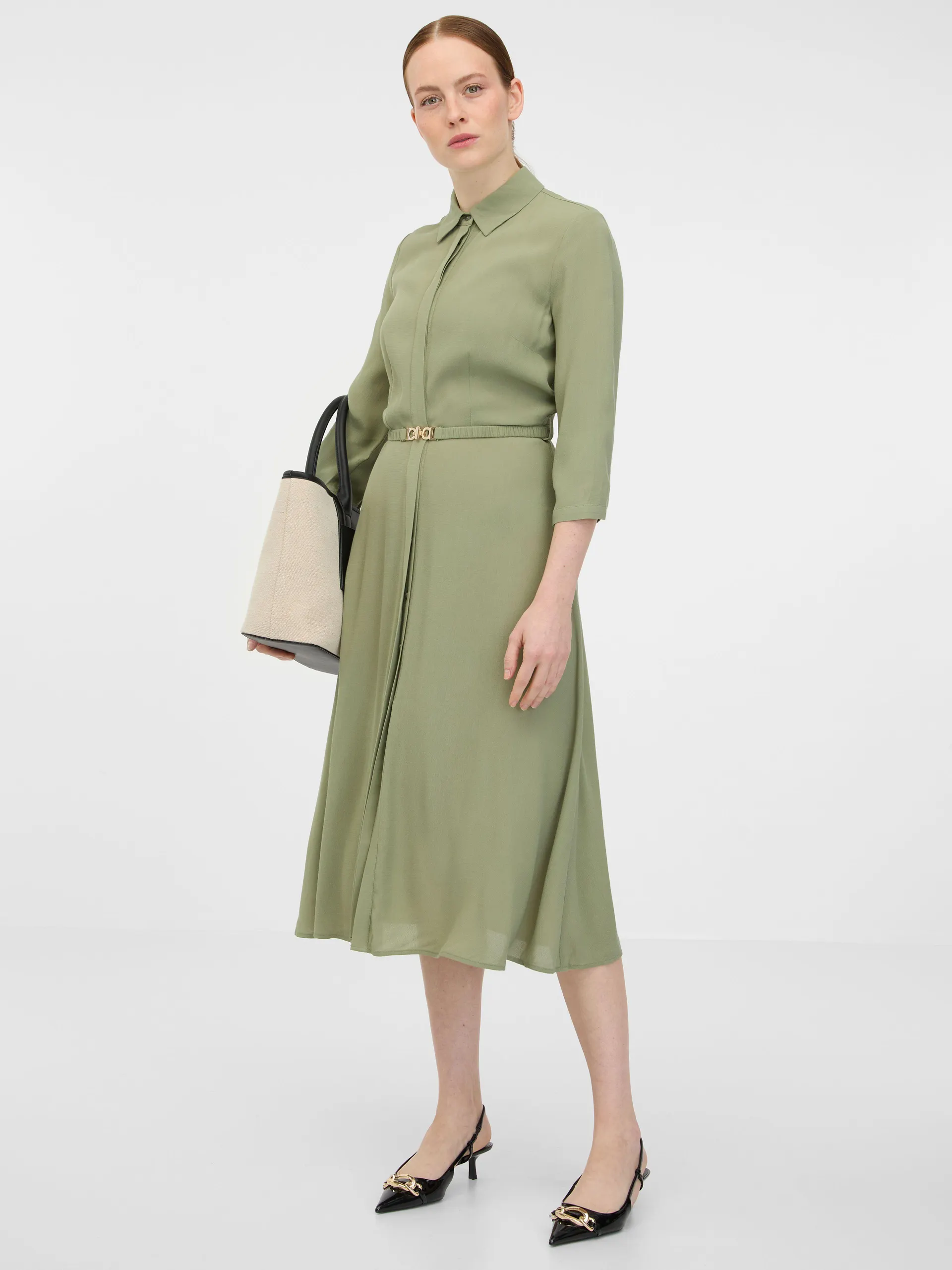 Khakifarbenes Damen-Hemd-Midikleid ORSAY