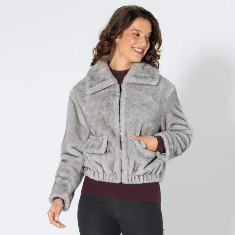 Damen-Kunstfell-Blouson mit Taschen