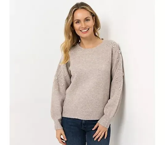 VIA MILANO Pullover, 1/1-Arm Rundhalsausschnitt Perlen-Details am Raglan-Ärmel