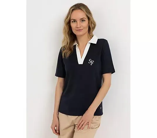 STRANDFEIN Poloshirt, 1/2-Arm V-Ausschnitt Webkragen Logostickerei