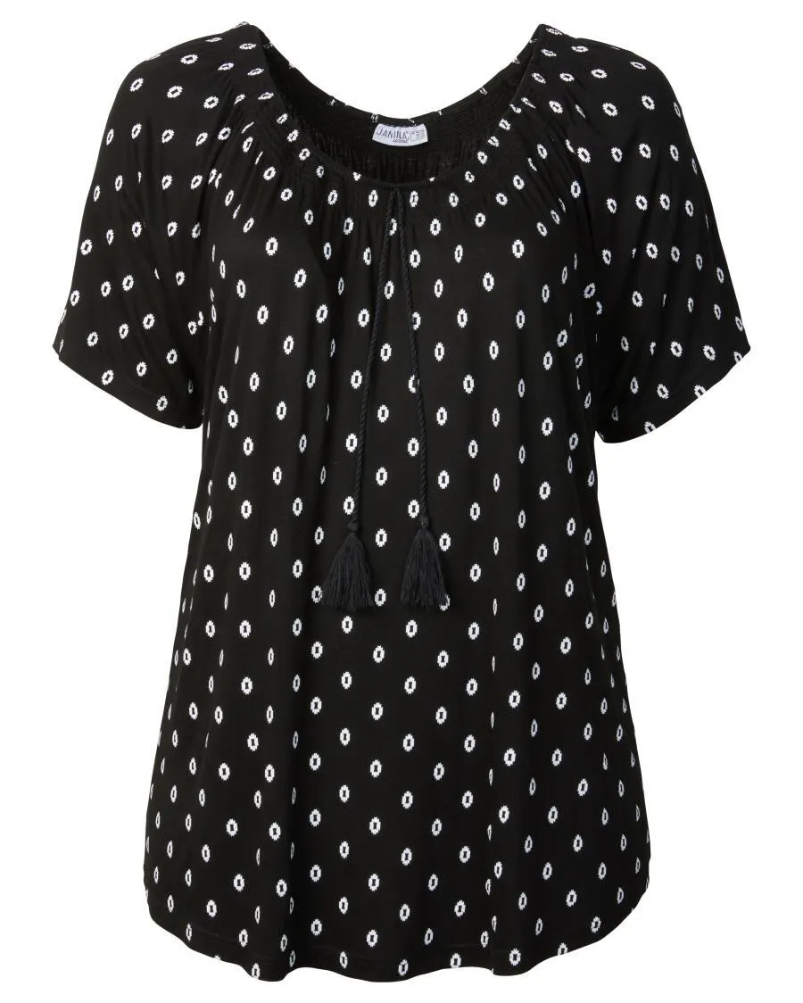 Carmenshirt mit kurzen Ärmeln Janina curved, gesmokter Ausschnitt