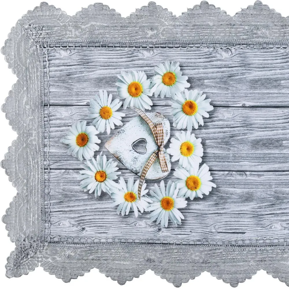 Mitteldecke mit Spitze, ca. 80 x 80 cm - Gänseblümchen mit Herz auf Holz