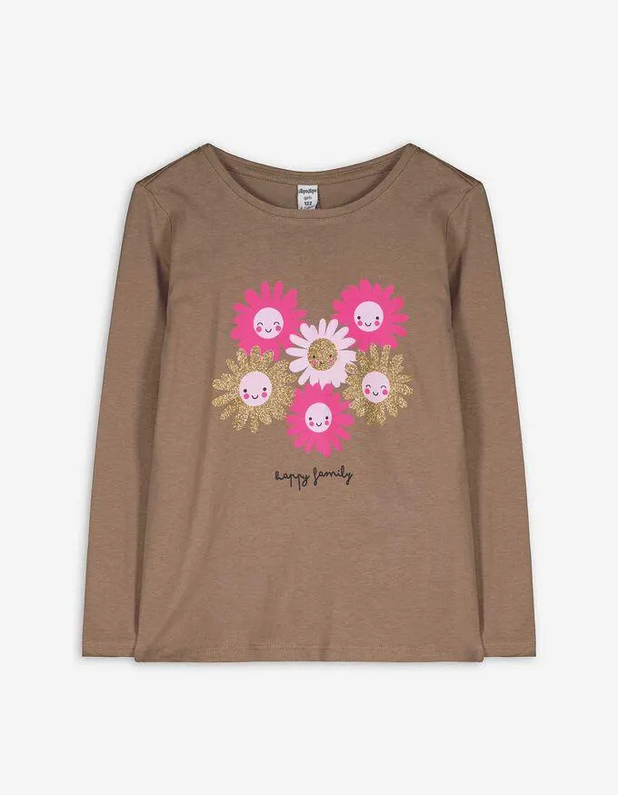 Tričko s dlouhým rukávem - Třpytivý potisk - béžová