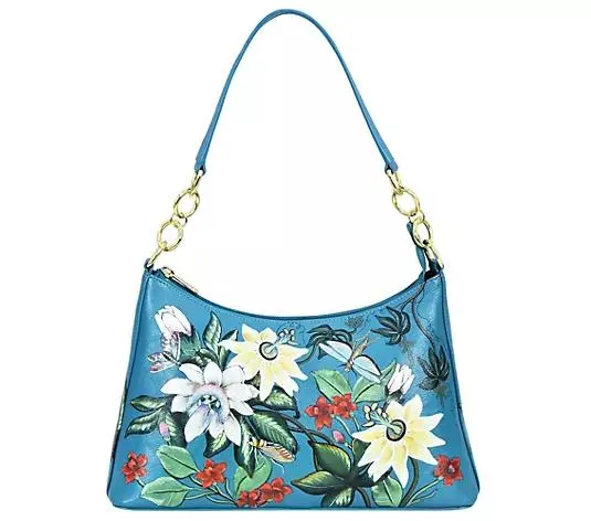 ANUSCHKA® Schultertasche echt Leder Kettendetails handbemalt