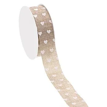 Band in Leinenoptik "Herzen", hellbraun-weiß, 25 mm, 5 m