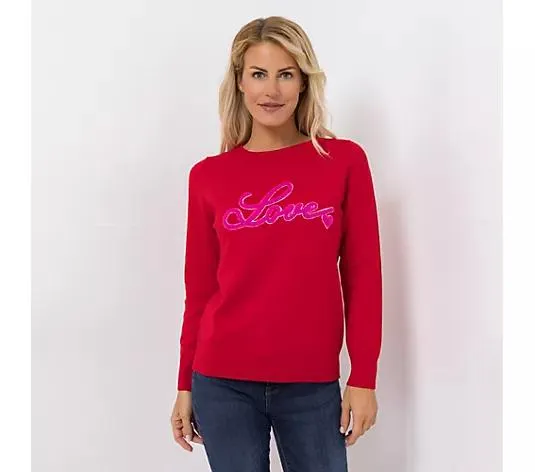 ANNI FOR FRIENDS Pullover Rundhalsausschnitt Schrift-Stickerei figurumspielend