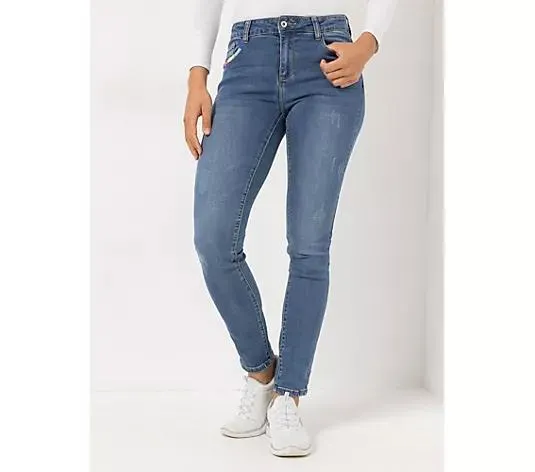 DINE 'N' DANCE Jeanshose Salsa mit Umschlag mit Stickereien schmales Bein