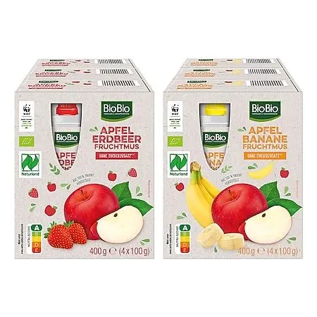BioBio Bio-Fruchtmus ohne Zuckerzusatz sortiert - 400 g, 6er Pack
