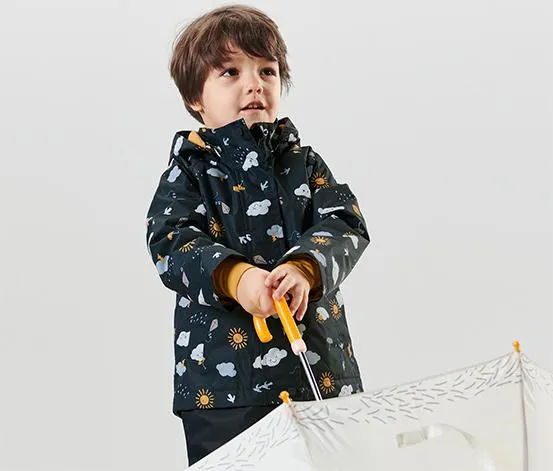 Detská termobunda do dažďa, tmavomodrá, celoplošná potlač