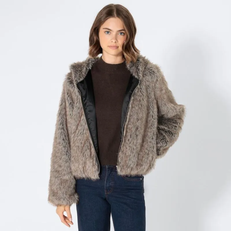 Damen-Kunstfell-Jacke mit Kapuze