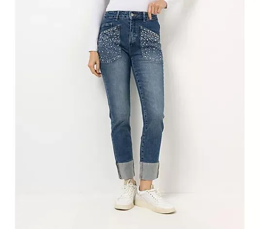 DINE 'N' DANCE Jeanshose große Fronttaschen mit Strasssteinen schmales Bein