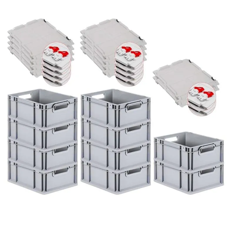 PROREGAL 10x Eurobox NextGen Grip mit Scharnierdeckel & roten Verschlüssen | HxBxT 17x30x40cm | 16 Liter | Griffe offen | Glatter Boden