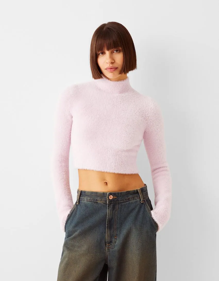 High neck fuzzy sweater
