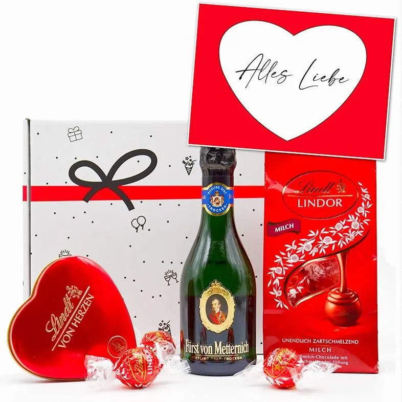 Geschenkset "von Herzen" | Geschenkkorb gefüllt mit Lindt Pralinen, Schokolade, Sekt & Grußkarte