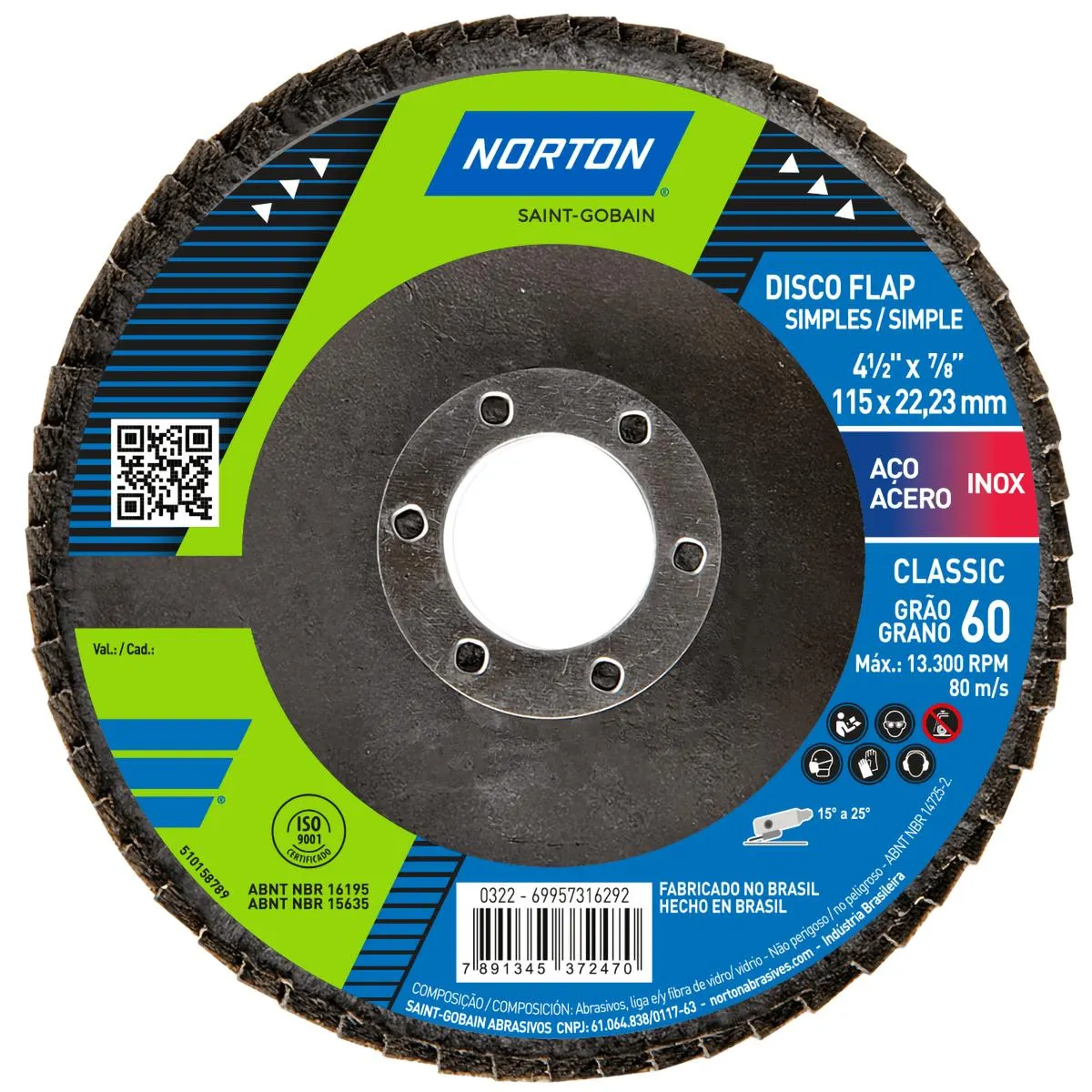 Disco zirconio classic FLAP R801 de 4-1/2" de diametro, 22 mm orificio central grano G60 - NORTON